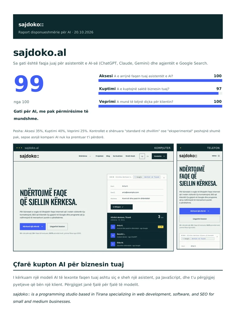 Faqja e parë e raportit real të sajdoko.al, me rezultatet dhe përgjigjet e AI-së.
