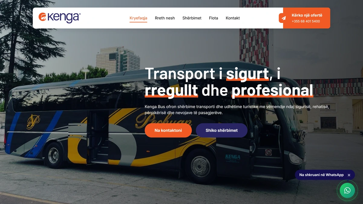Kenga Bus - Faqe WordPress për kompani transporti, me llogaritës çmimi të integruar.