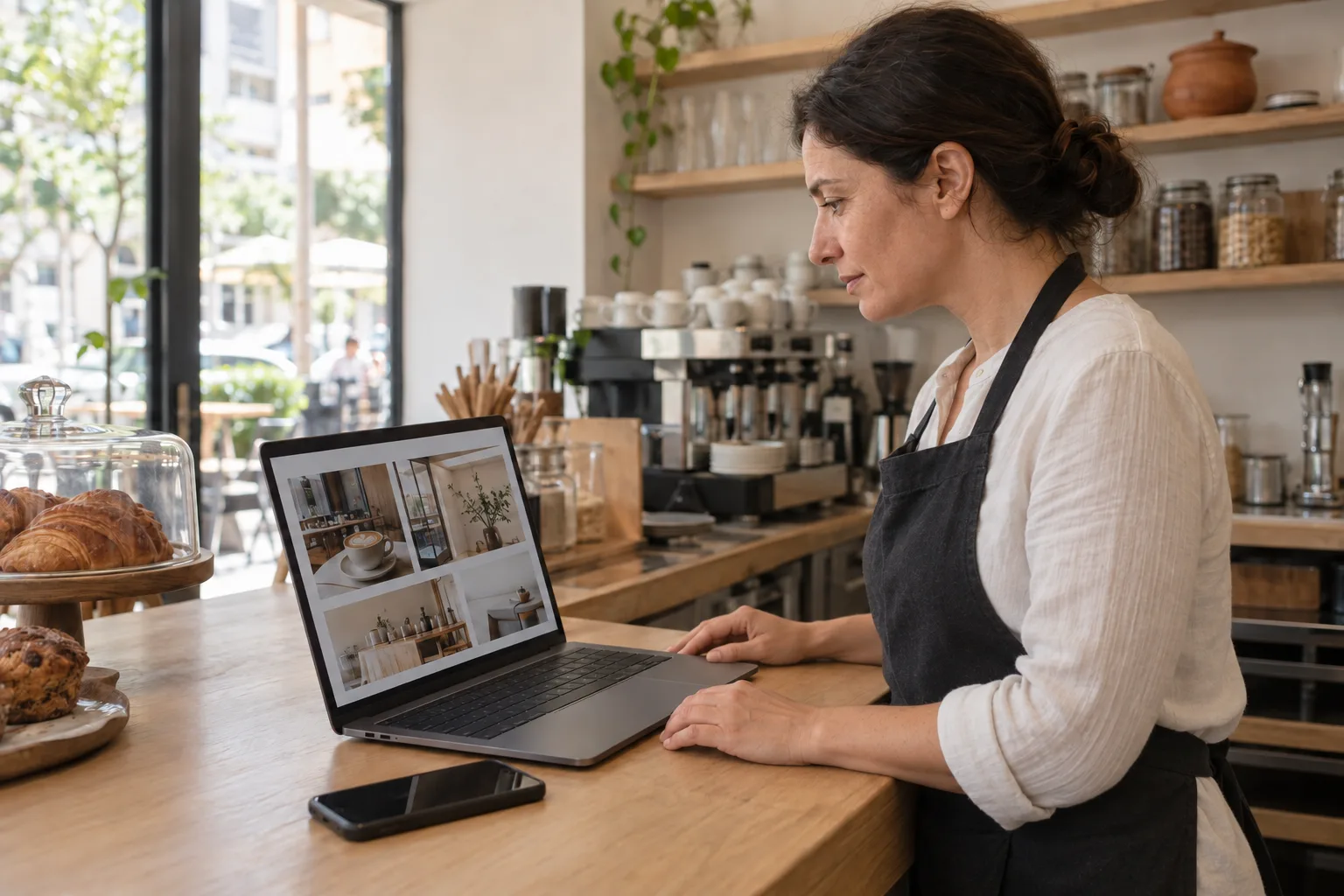 Pronarja e një kafeneje në banak, duke parë faqen e re të internetit në laptop.