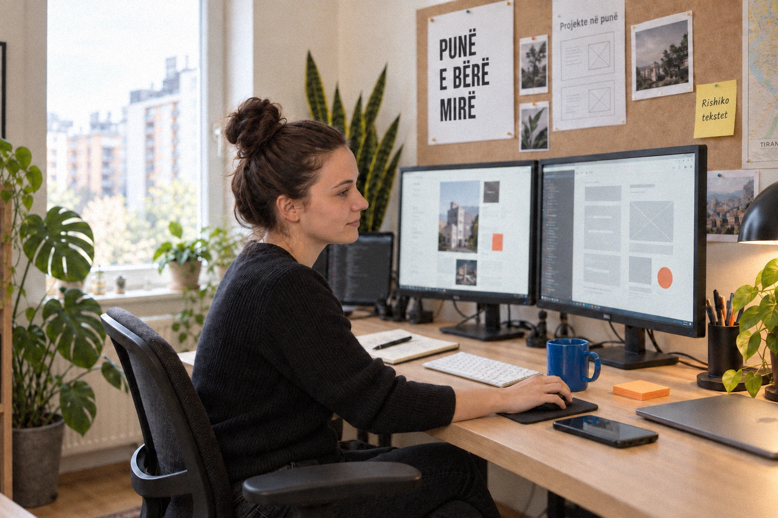 Një dizajnere duke parë një faqe interneti në tavolinën e studios.